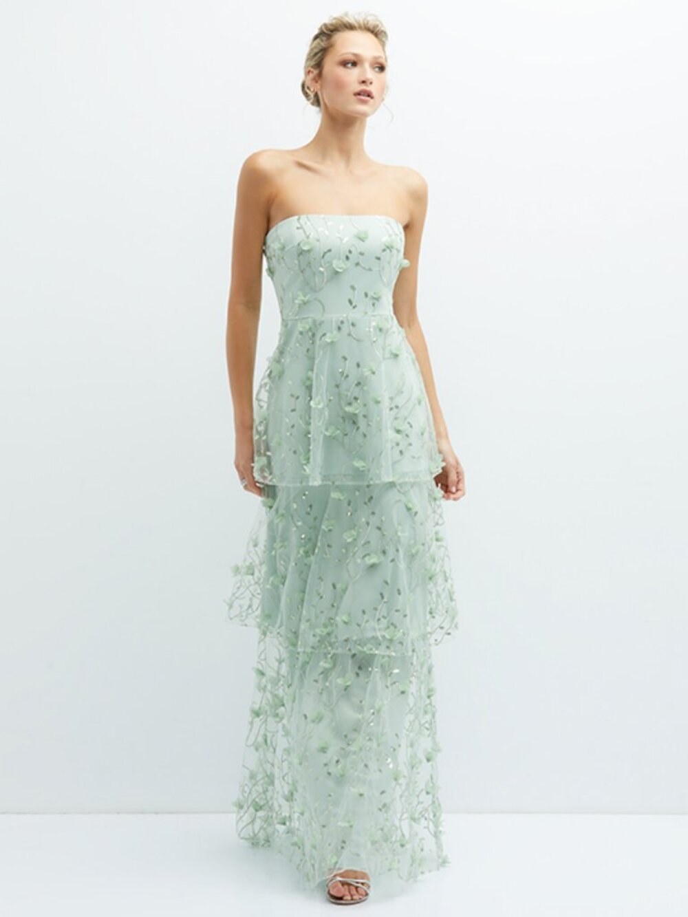 Dessy Green Strapless 3D Embroidered Floral Bridesmaid Formal Tiered Ruffle